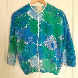 Vintage Angelon by Darlene Angora Lambswool Floral Cardigan Blue Green Size S